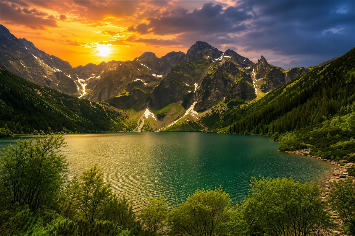 Papier peint clair coucher de soleil derrière des montagnes rocheuses au bord d'un lac