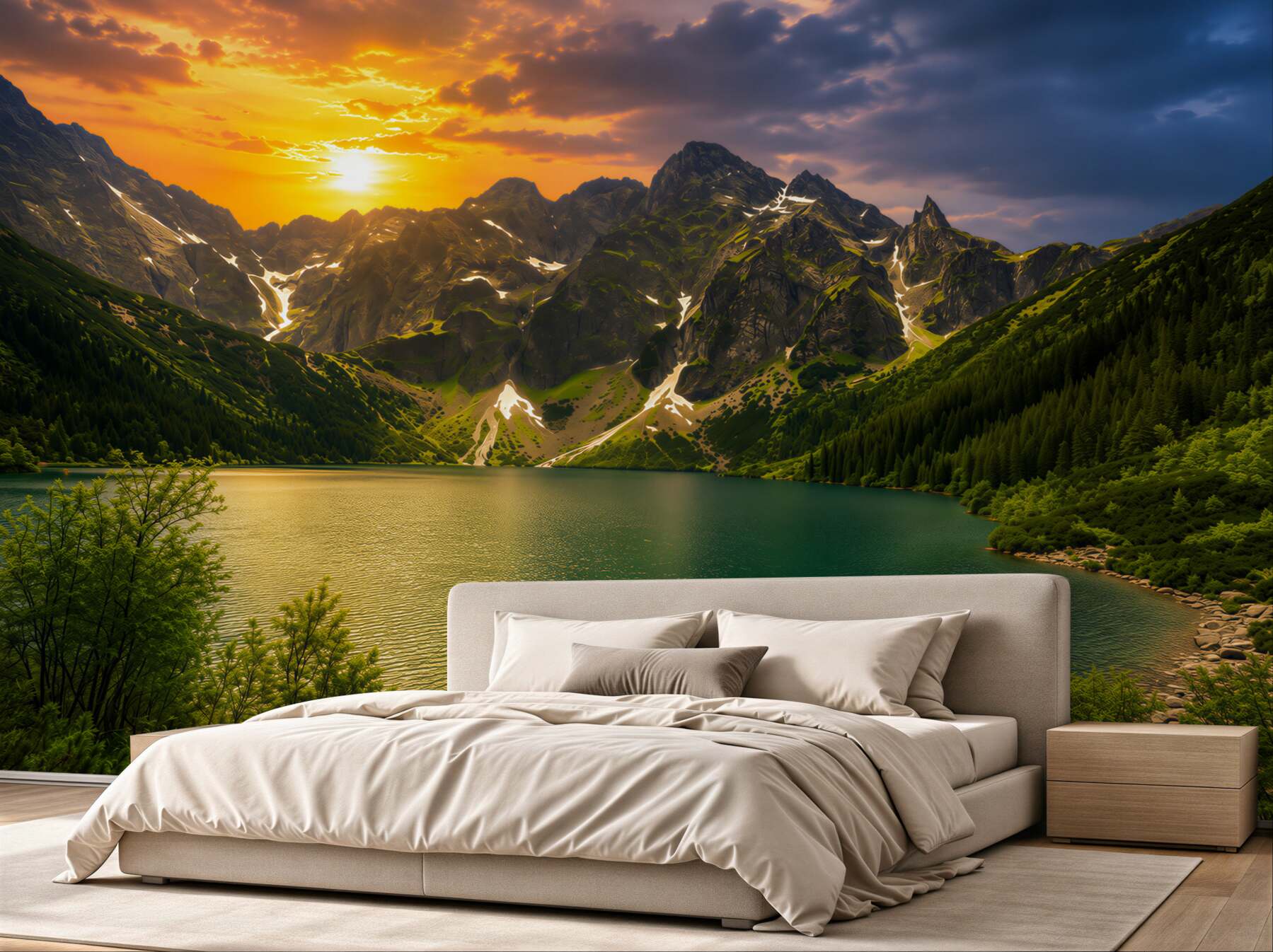 Papier peint clair coucher de soleil derrière des montagnes rocheuses au bord d'un lac