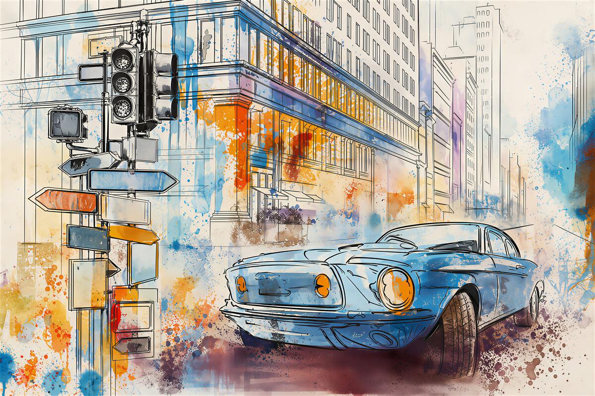 Papier peint croquis de rues et de voitures