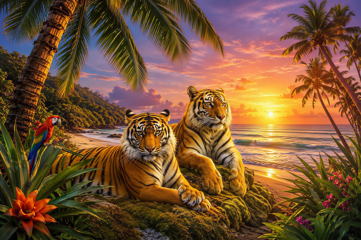 Papier peint plusieurs tigres au coucher de soleil tropical