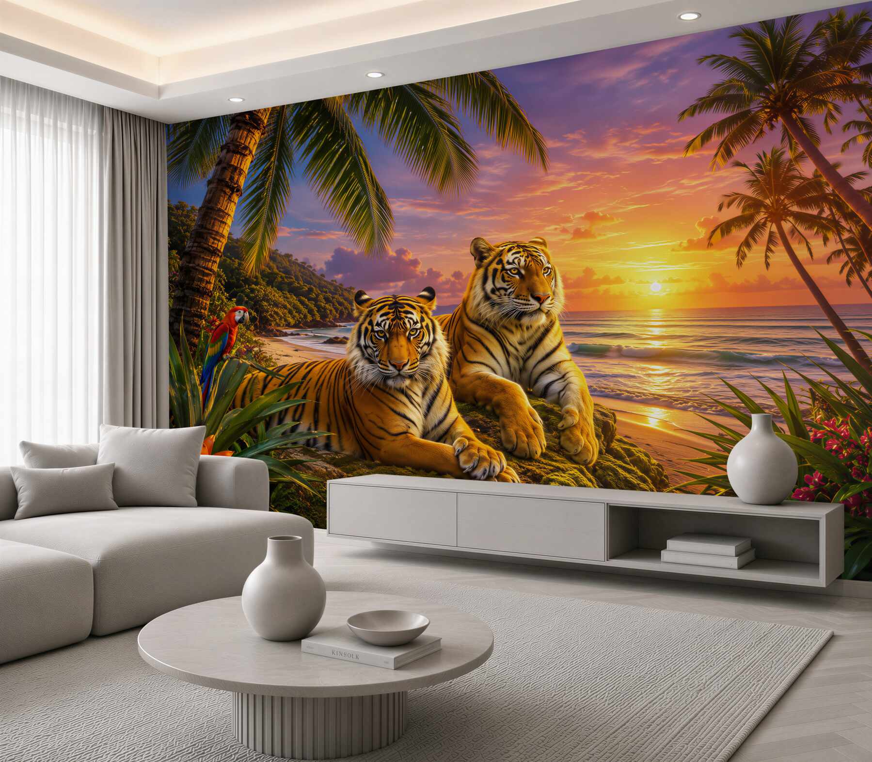Papier peint plusieurs tigres au coucher de soleil tropical