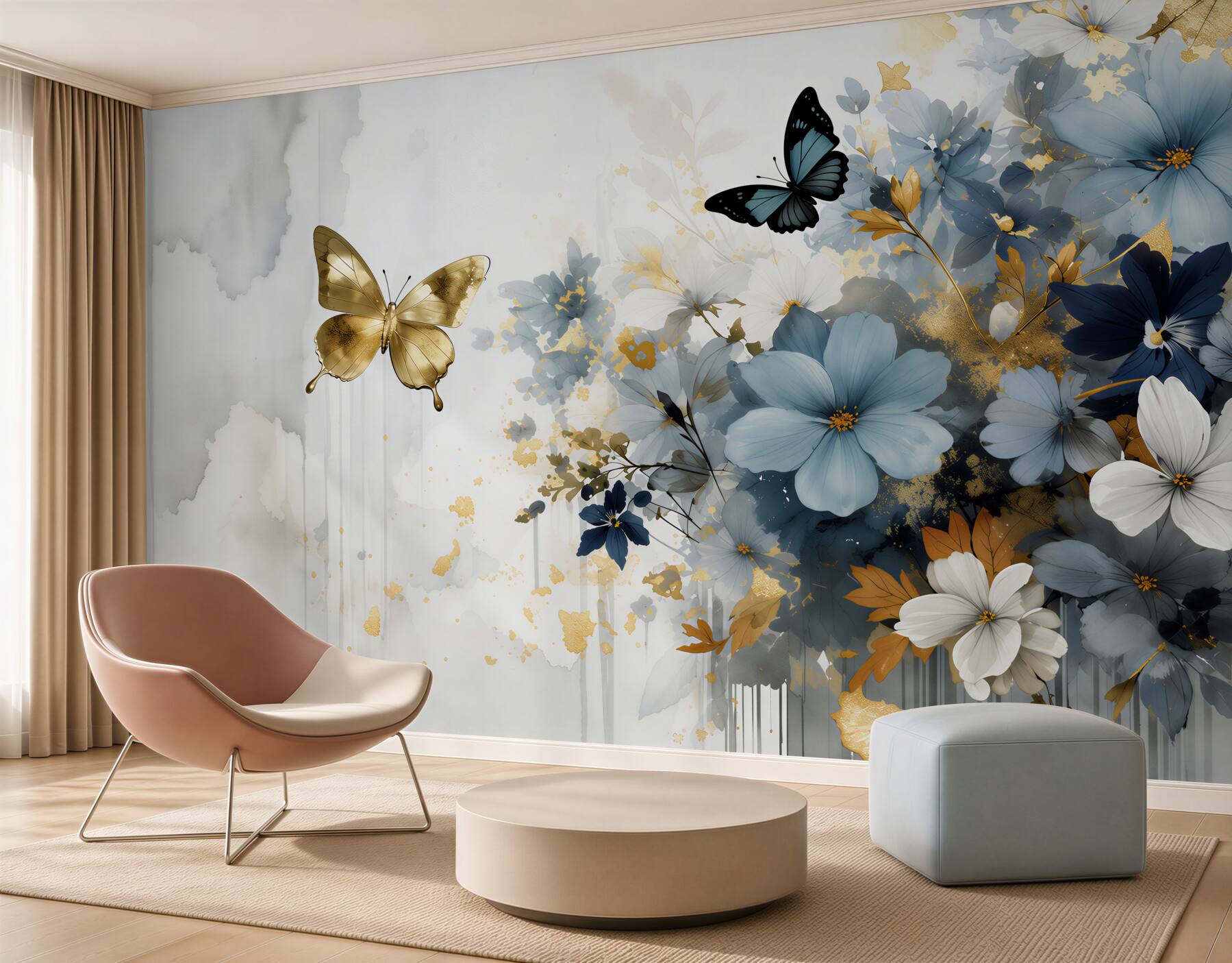 Papier peint luxueux bourgeons fleuris et papillons