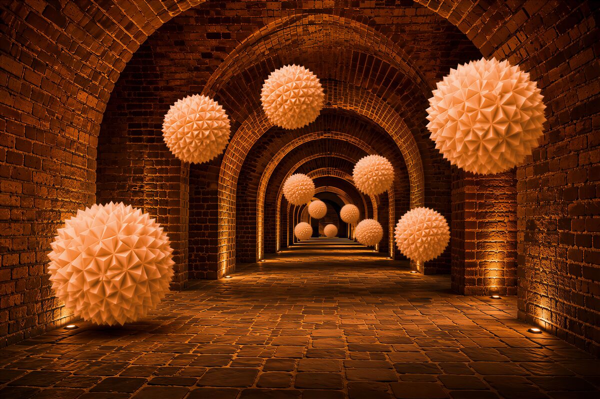 Papier peint boules brunes pointues et arcs en pierre