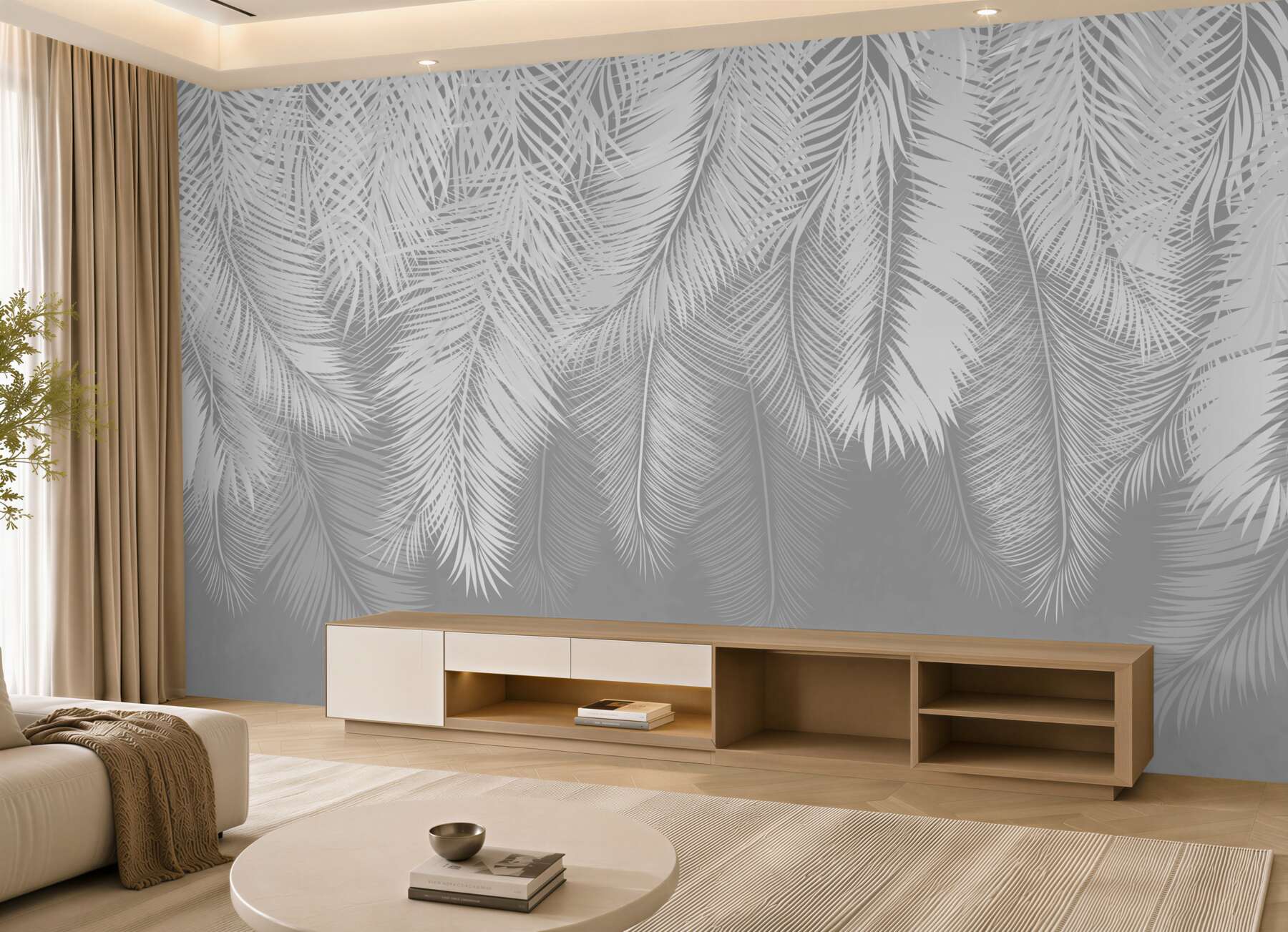 Papier peint grosses plumes blanches flottant dans l'air