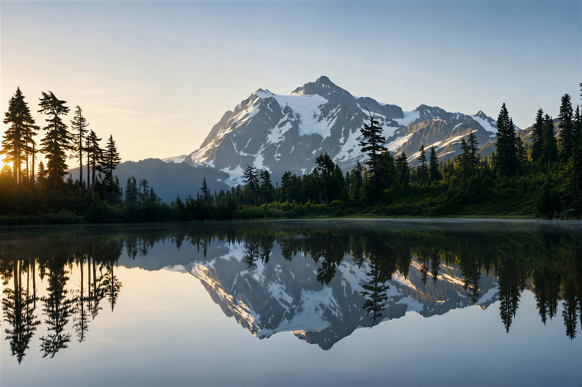 Papier peint forêt incroyable et montagnes dans le reflet d'une eau cristalline