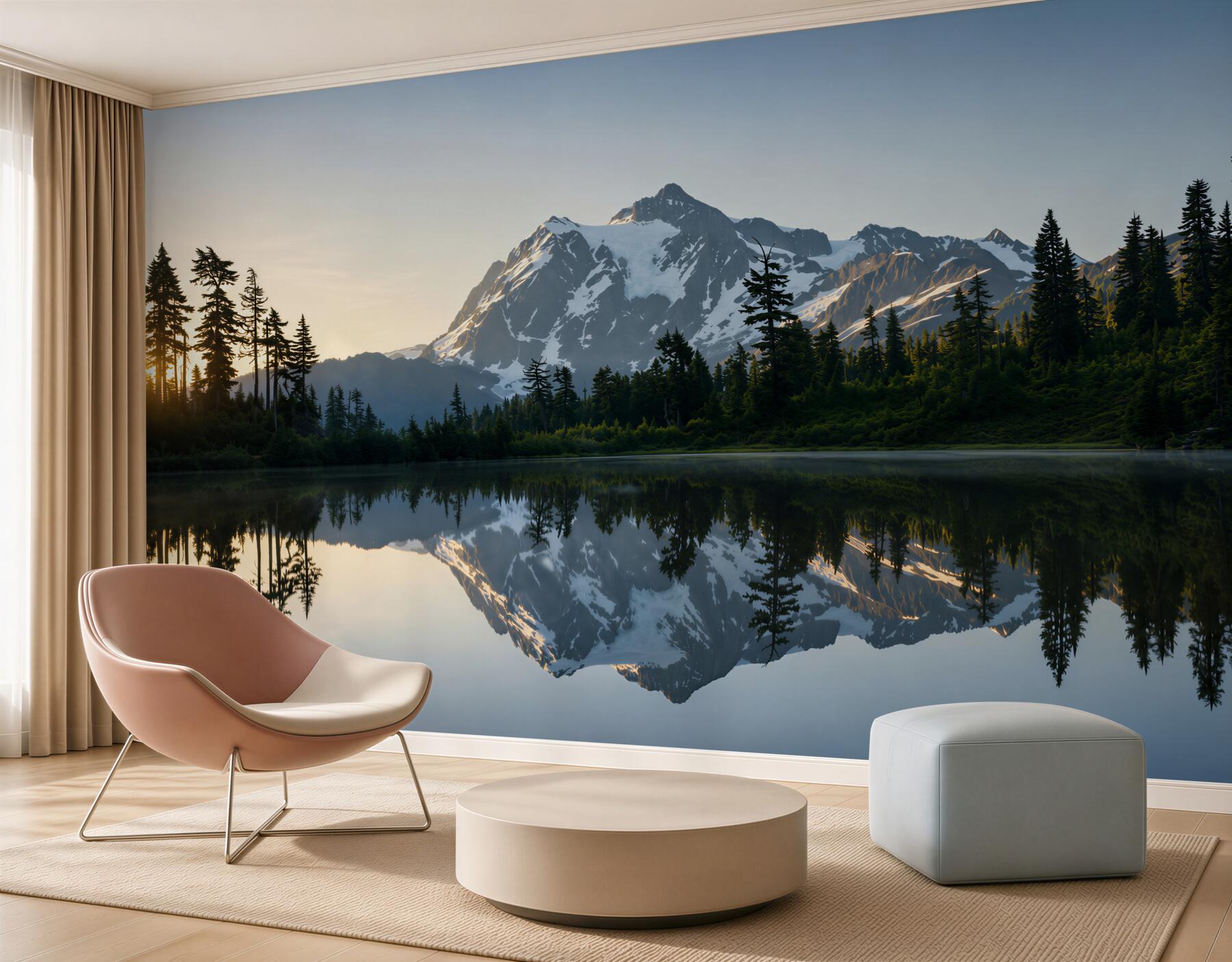 Papier peint forêt incroyable et montagnes dans le reflet d'une eau cristalline