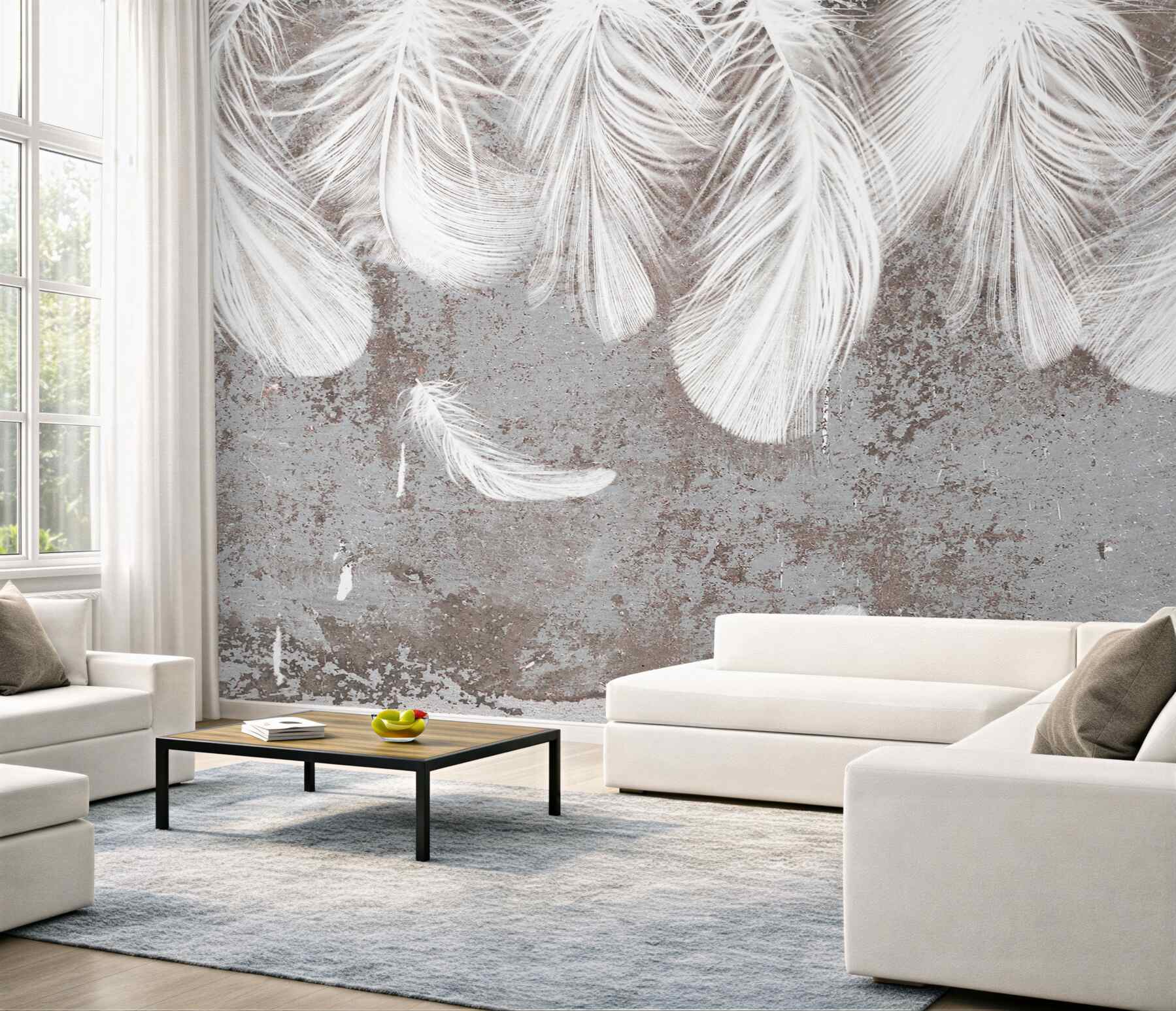 Papier peint plumes blanches duveteuses tombantes