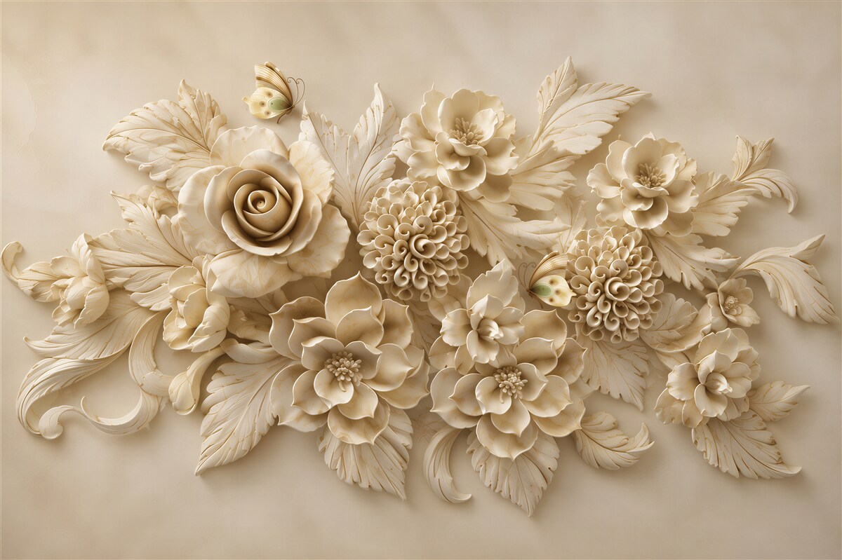 Papier peint composition de grandes fleurs crème