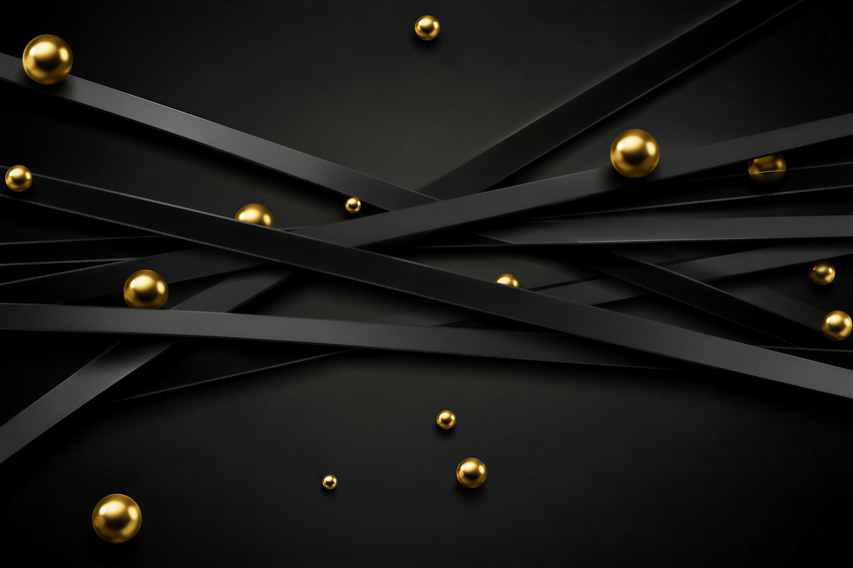 Papier peint fines rayures noires et boules dorées
