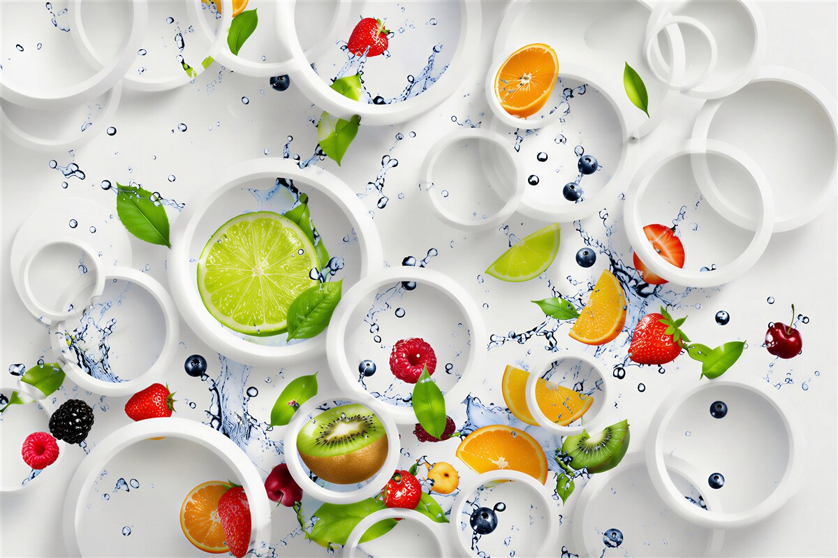 Papier peint découpe divers fruits et cercles blancs
