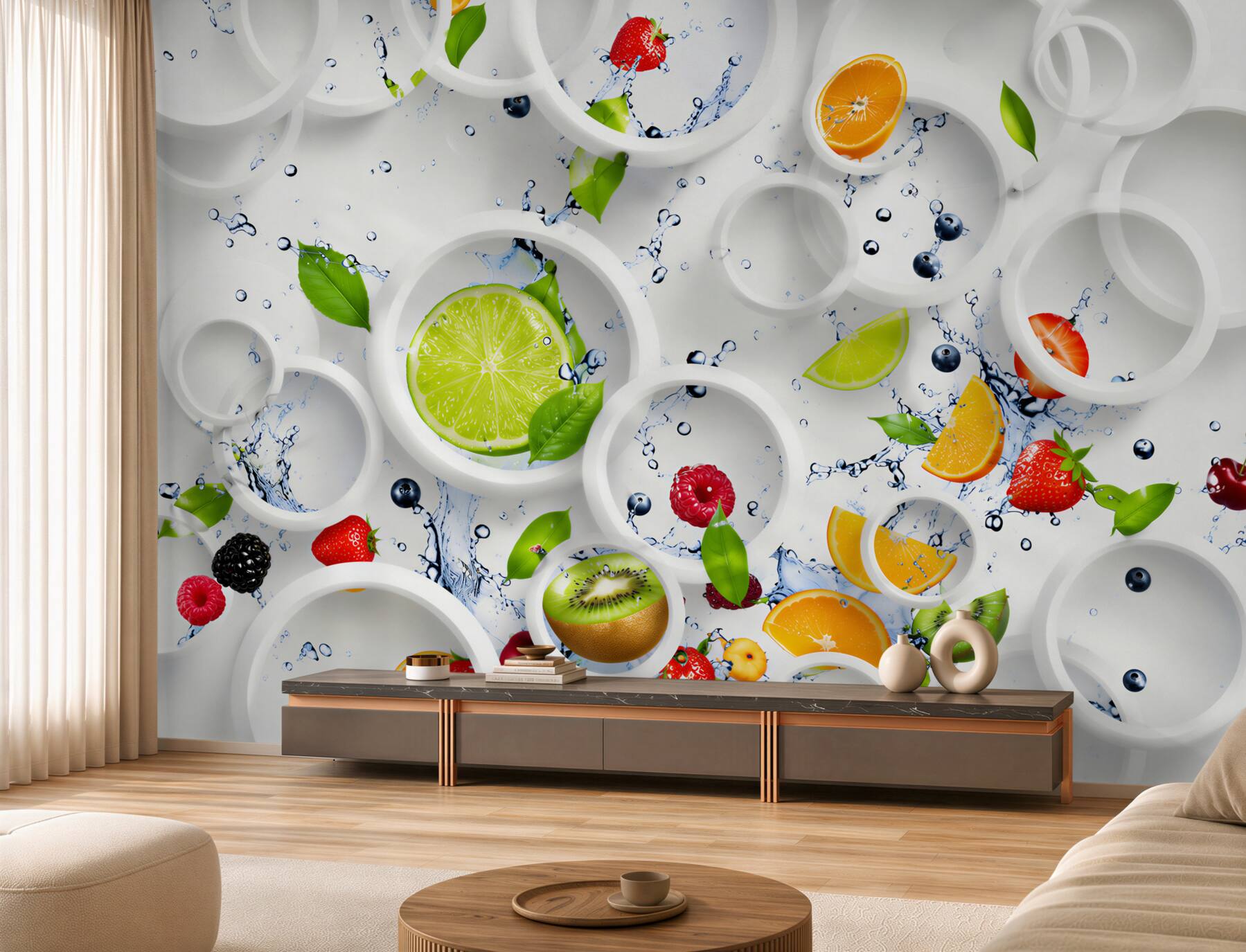 Papier peint découpe divers fruits et cercles blancs