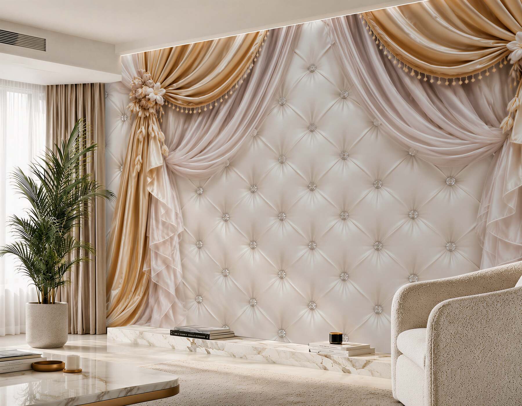 Papier peint mur blanc matelassé et rideaux