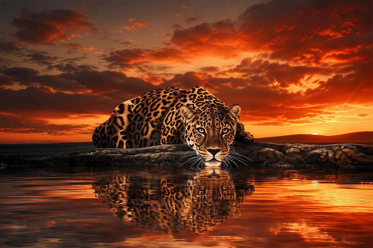 Papier peint guépard au coucher de soleil sur l'eau