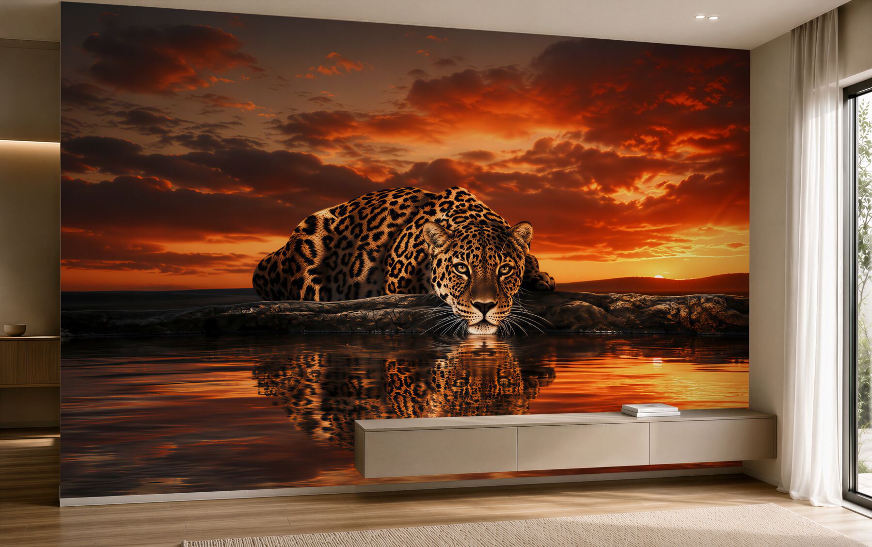 Papier peint guépard au coucher de soleil sur l'eau