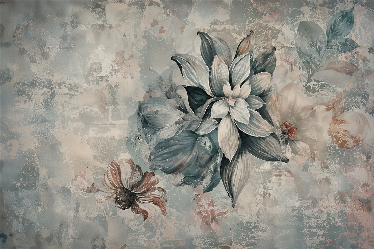 Papier peint fleurs sur mur en ciment