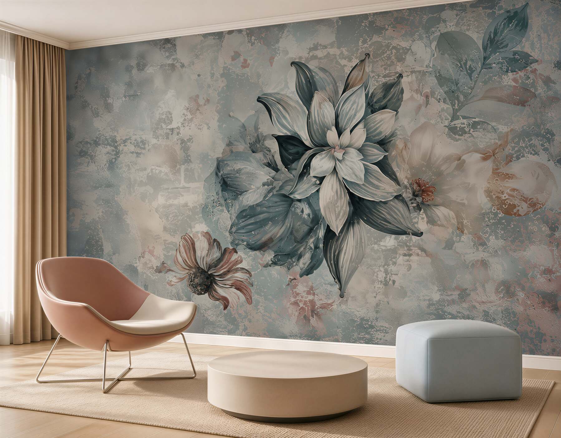 Papier peint fleurs sur mur en ciment