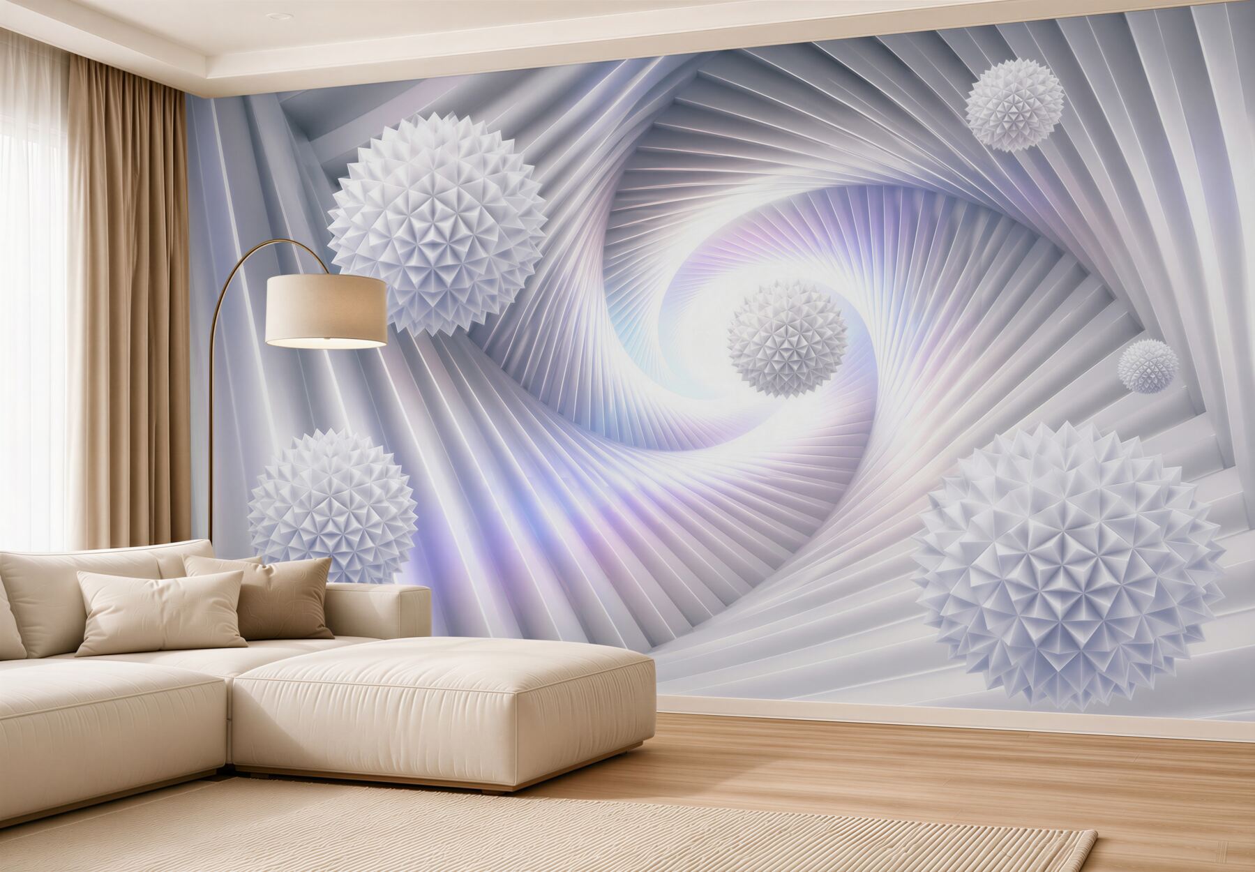 Papier peint tourbillons abstraits et boules blanches