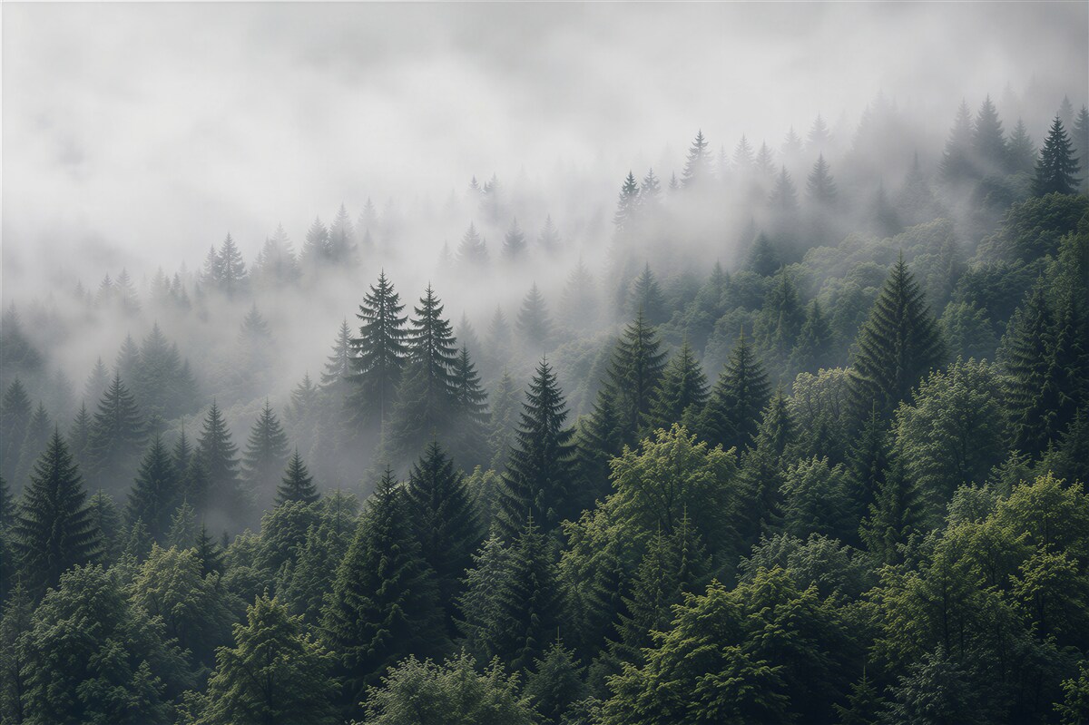 Papier peint vue aérienne sur une forêt dans le brouillard