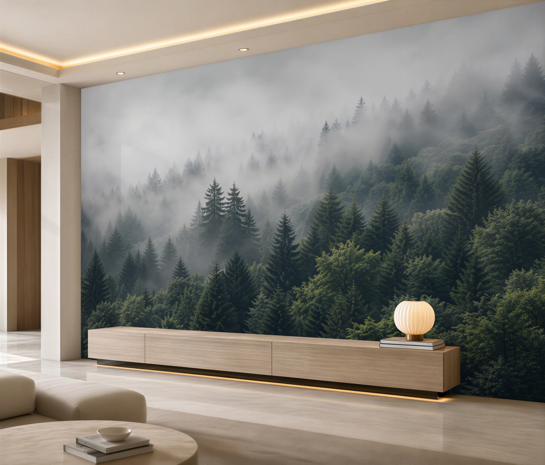 Papier peint vue aérienne sur une forêt dans le brouillard