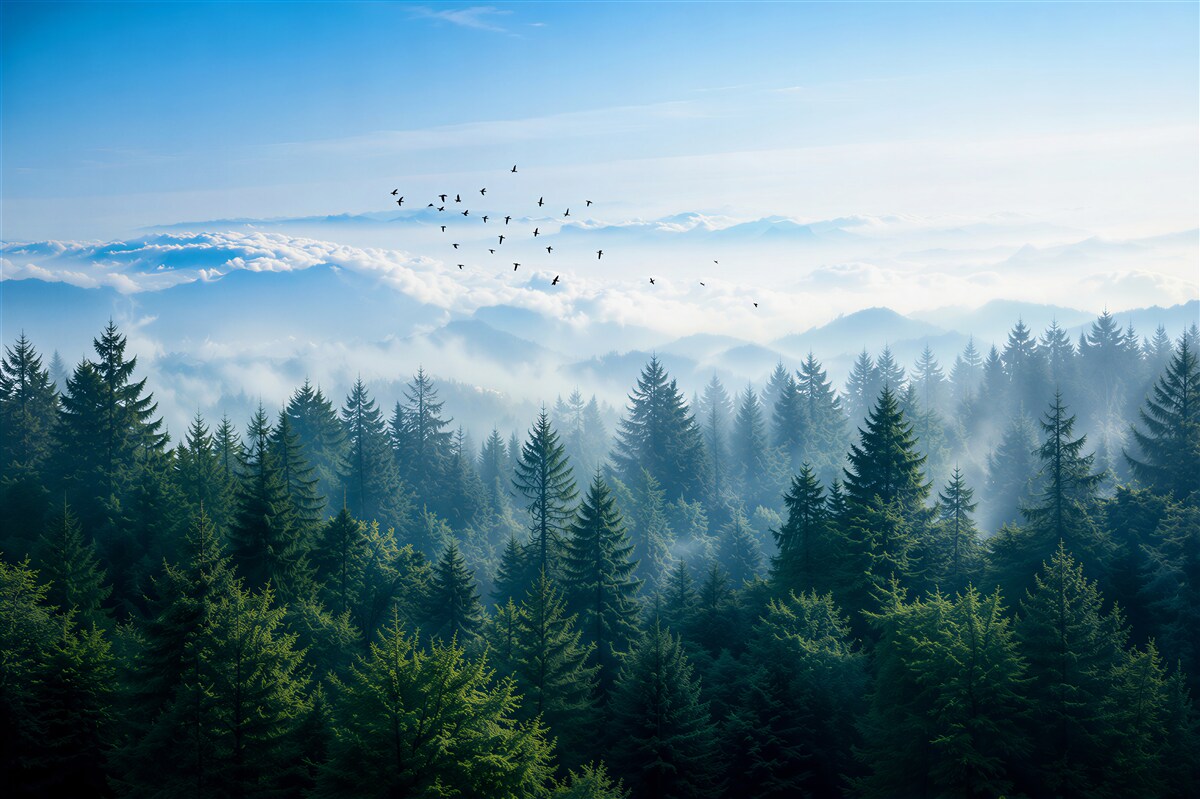 Papier peint oiseaux tournoyant au-dessus des cimes des arbres forestiers