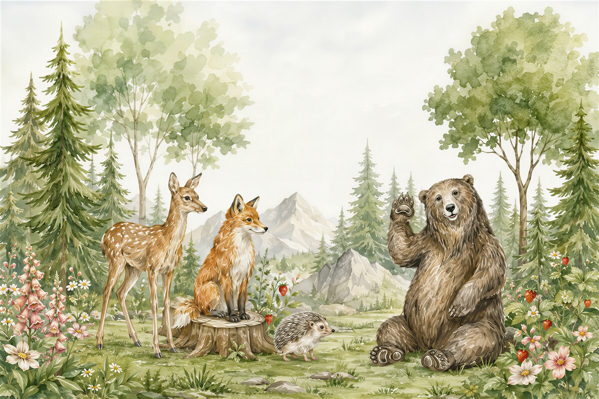 Papier peint ours, cerf et renard dans la forêt