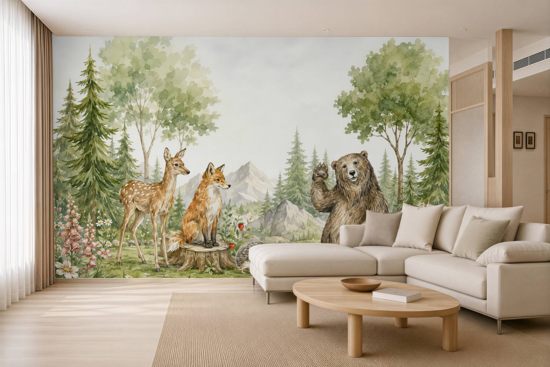 Papier peint ours, cerf et renard dans la forêt