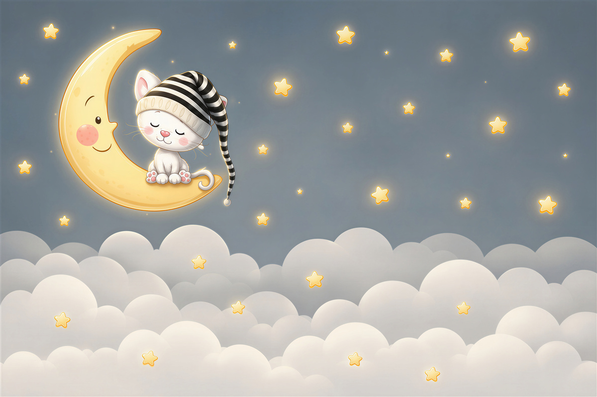 Papier peint chat avec chapeau sur la lune