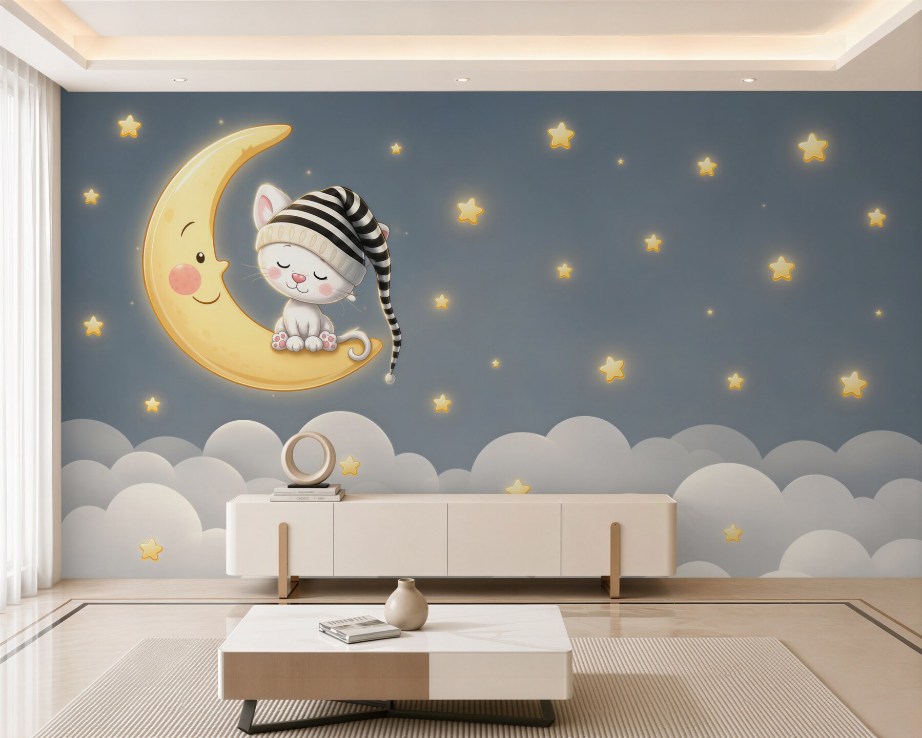 Papier peint chat avec chapeau sur la lune