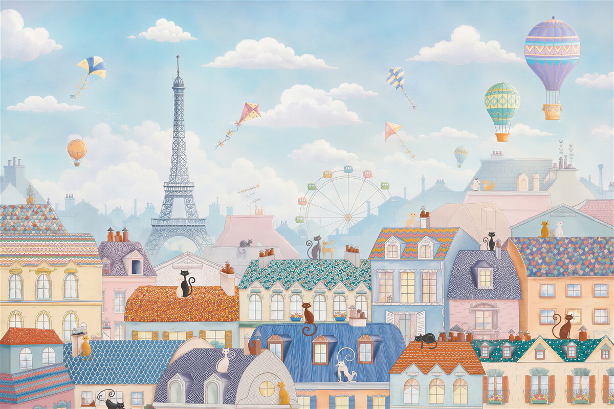 Papier peint chats sur les toits admirant la vue de Paris