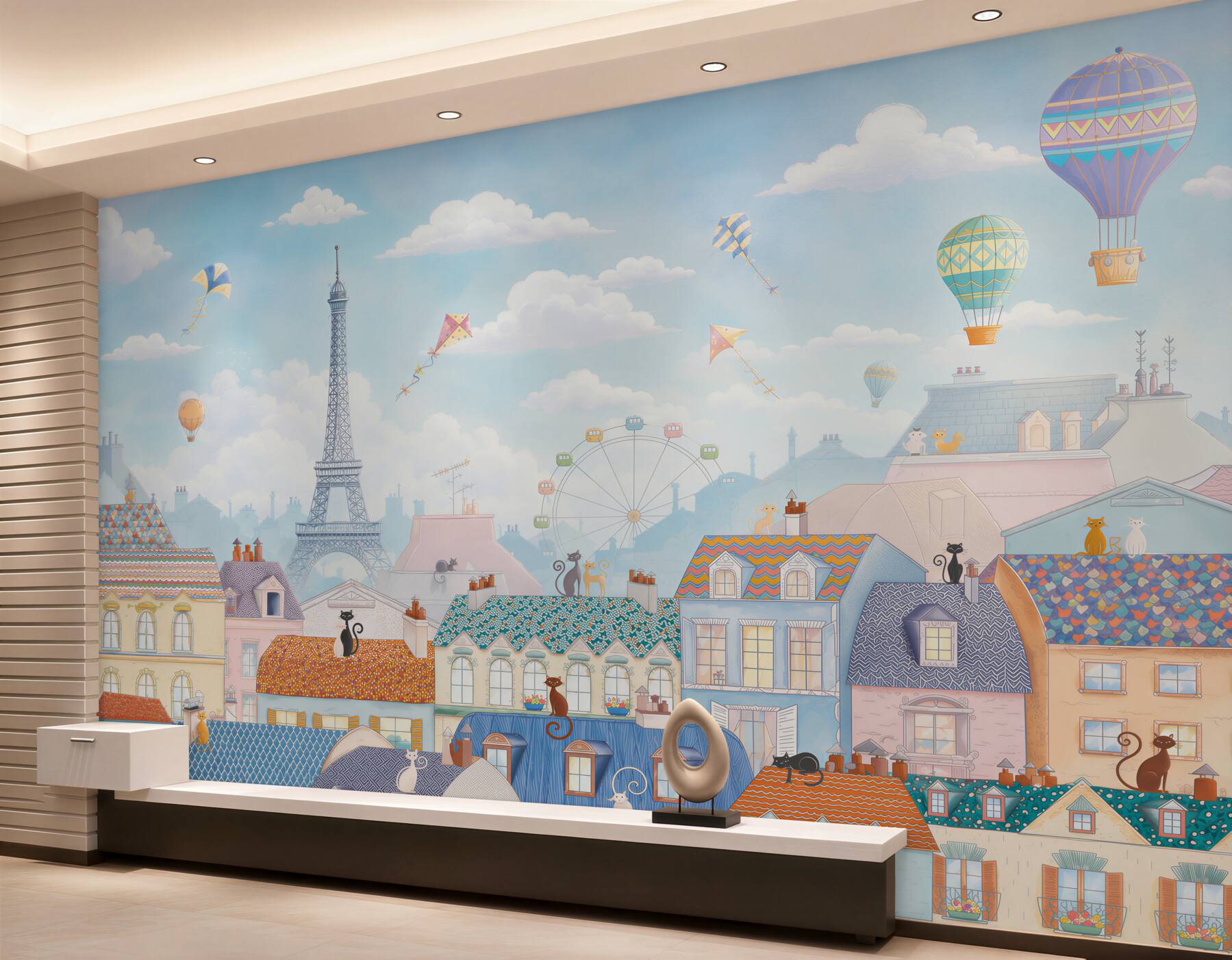 Papier peint chats sur les toits admirant la vue de Paris