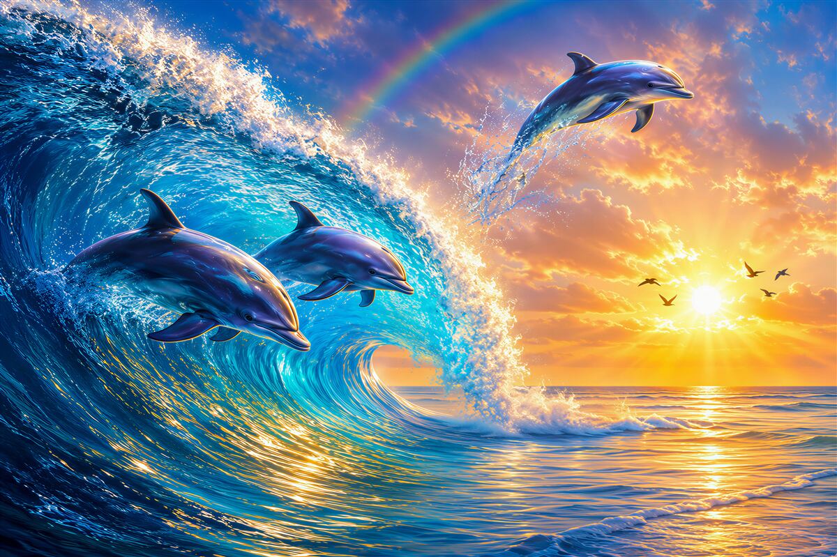 Papier peint dauphins sautant hors de l'eau au coucher du soleil