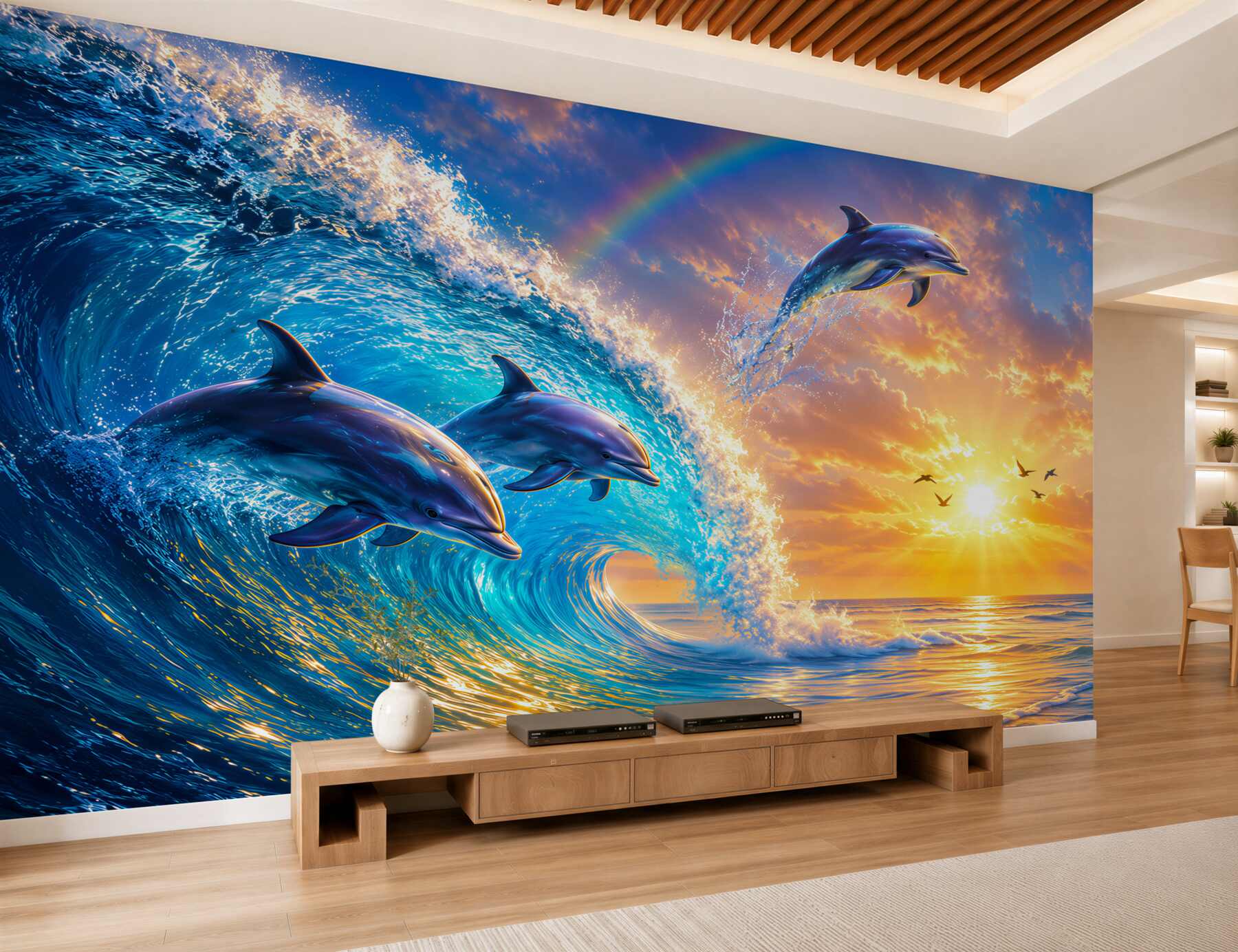 Papier peint dauphins sautant hors de l'eau au coucher du soleil