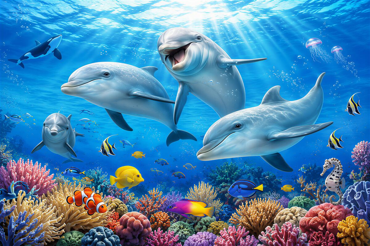 Papier peint dauphins souriants et poissons sous l'eau