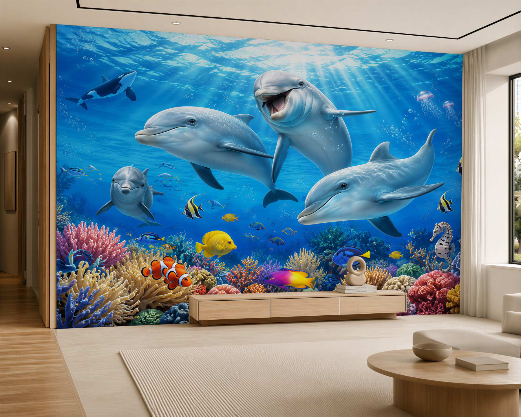 Papier peint dauphins souriants et poissons sous l'eau
