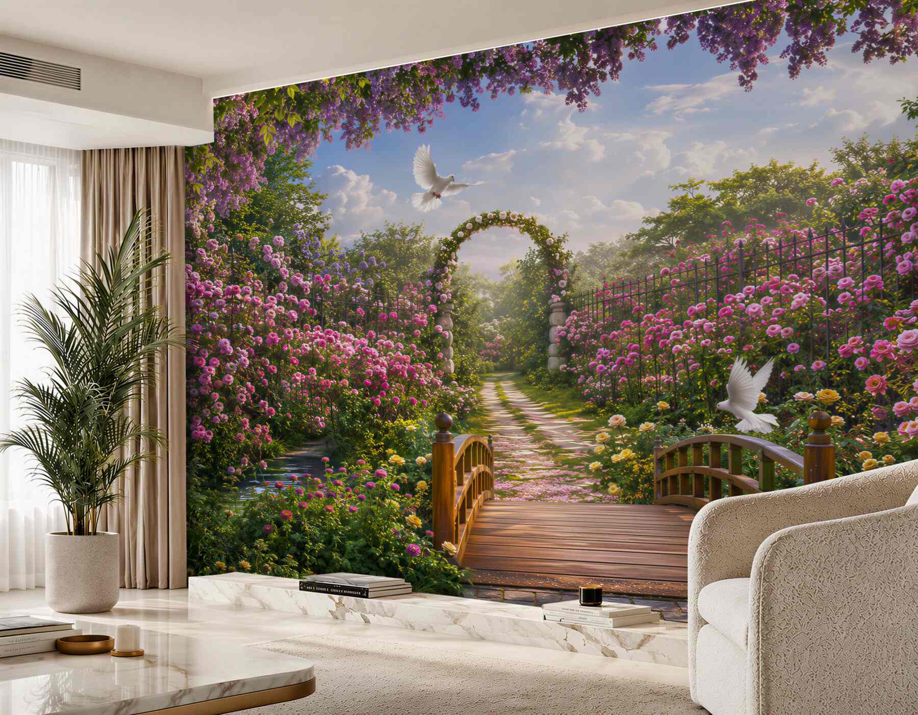 Papier peint tunnel lumineux d'été fait de fleurs fraîches