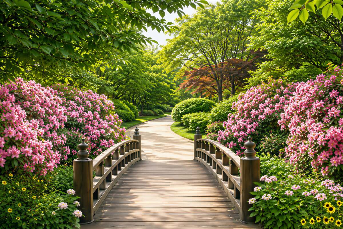 Papier peint beau pont en bois au-dessus d'arbres en fleurs