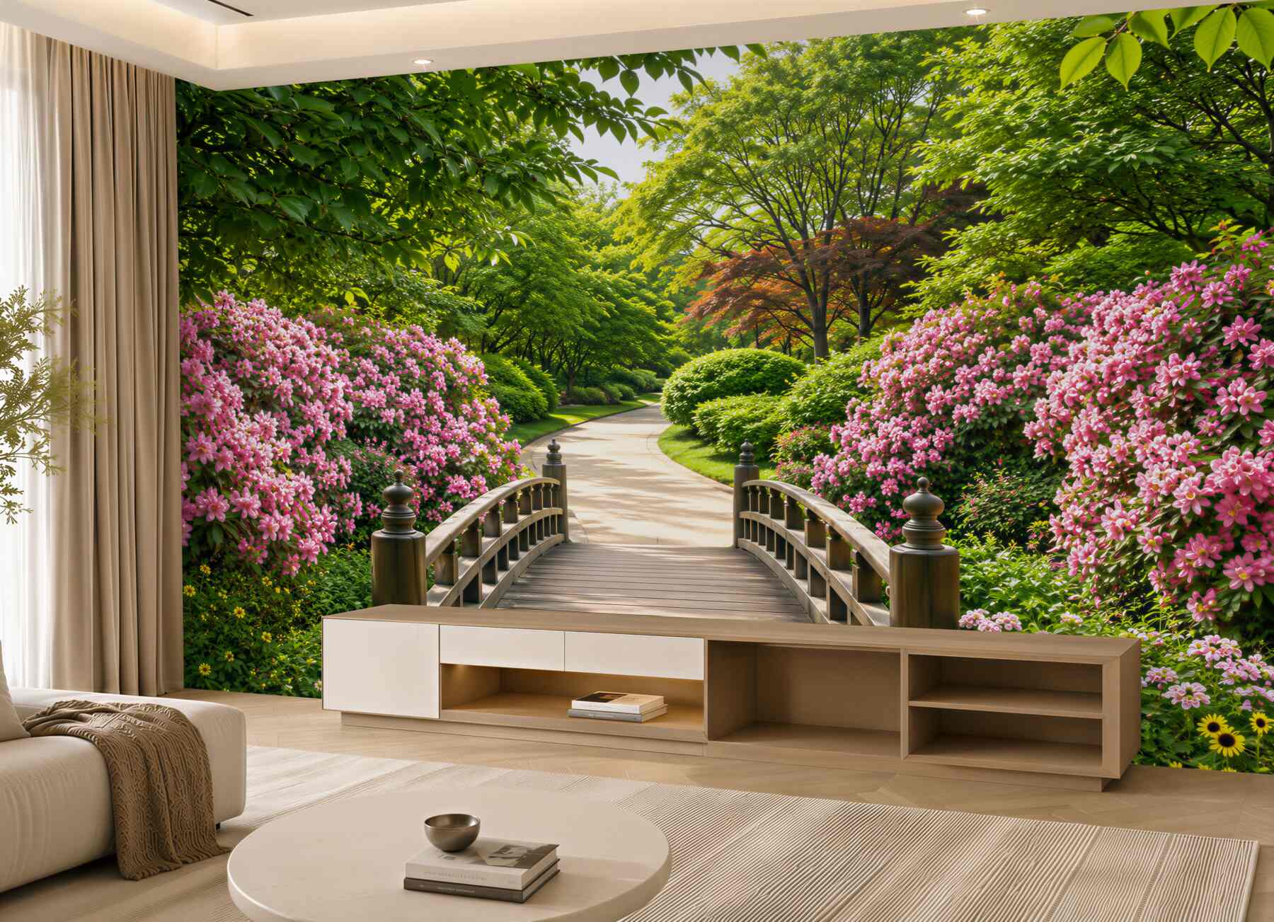 Papier peint beau pont en bois au-dessus d'arbres en fleurs