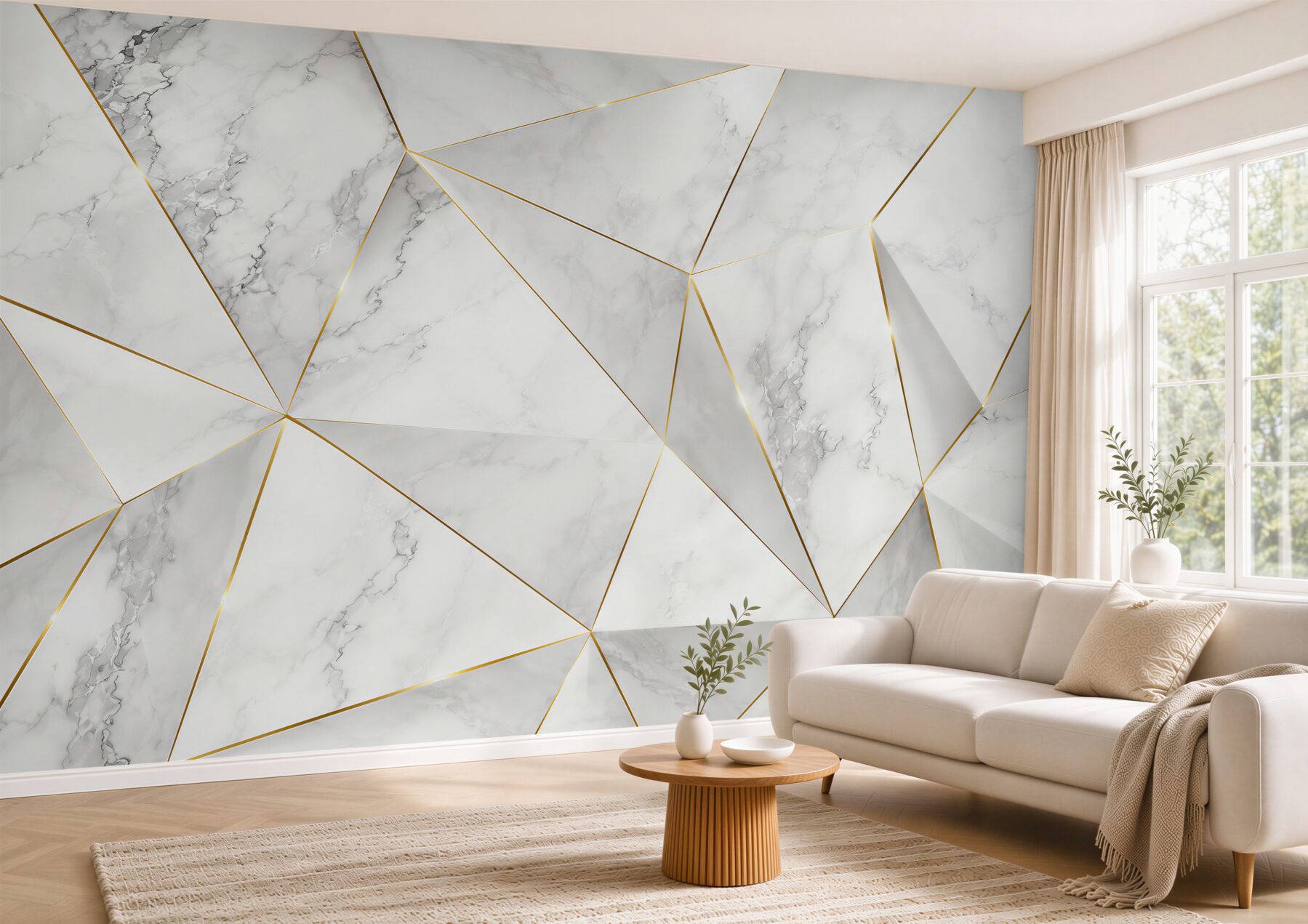 Papier peint triangles avec bords dorés sur fond clair