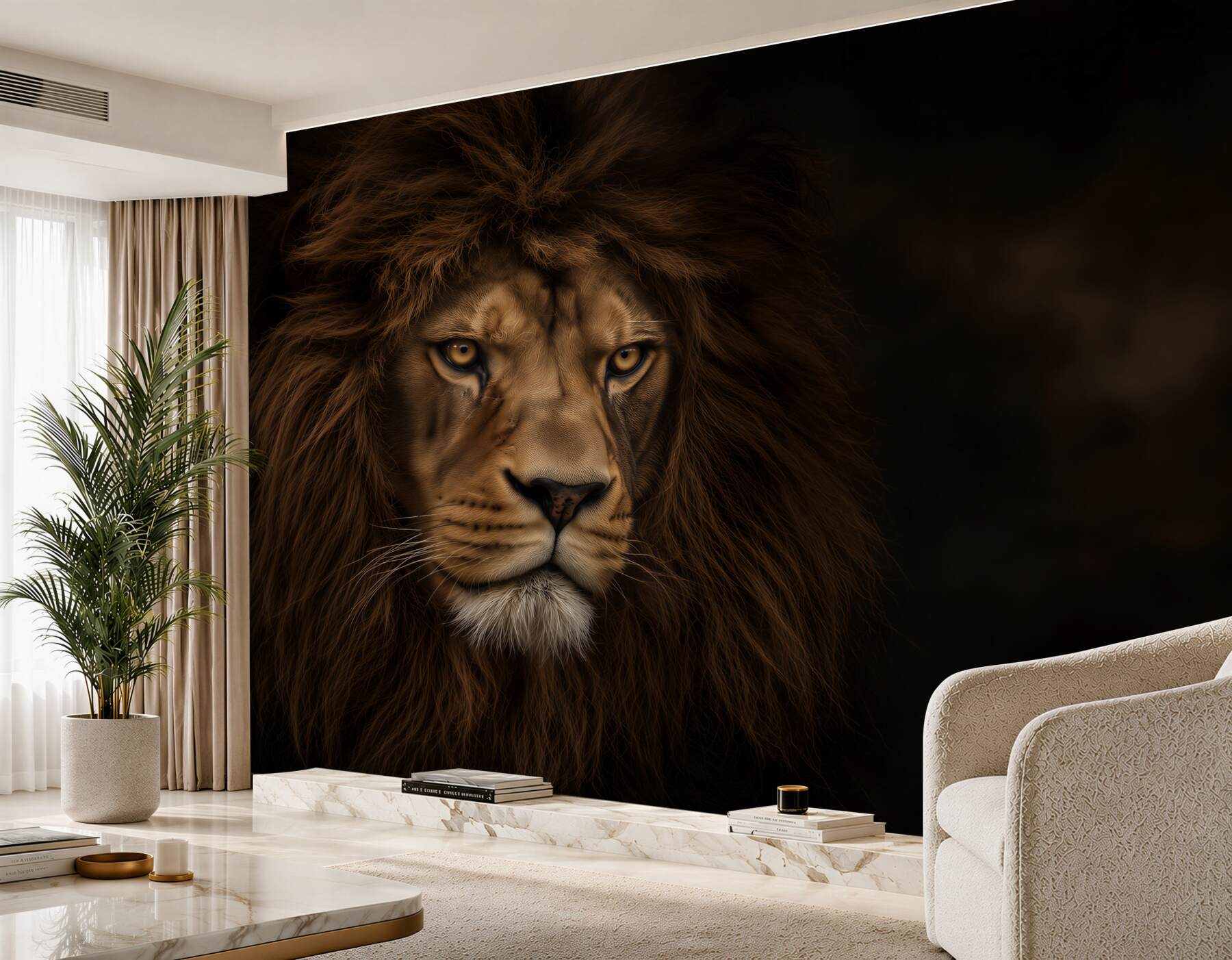 Papier peint regard furieux d'un lion adulte