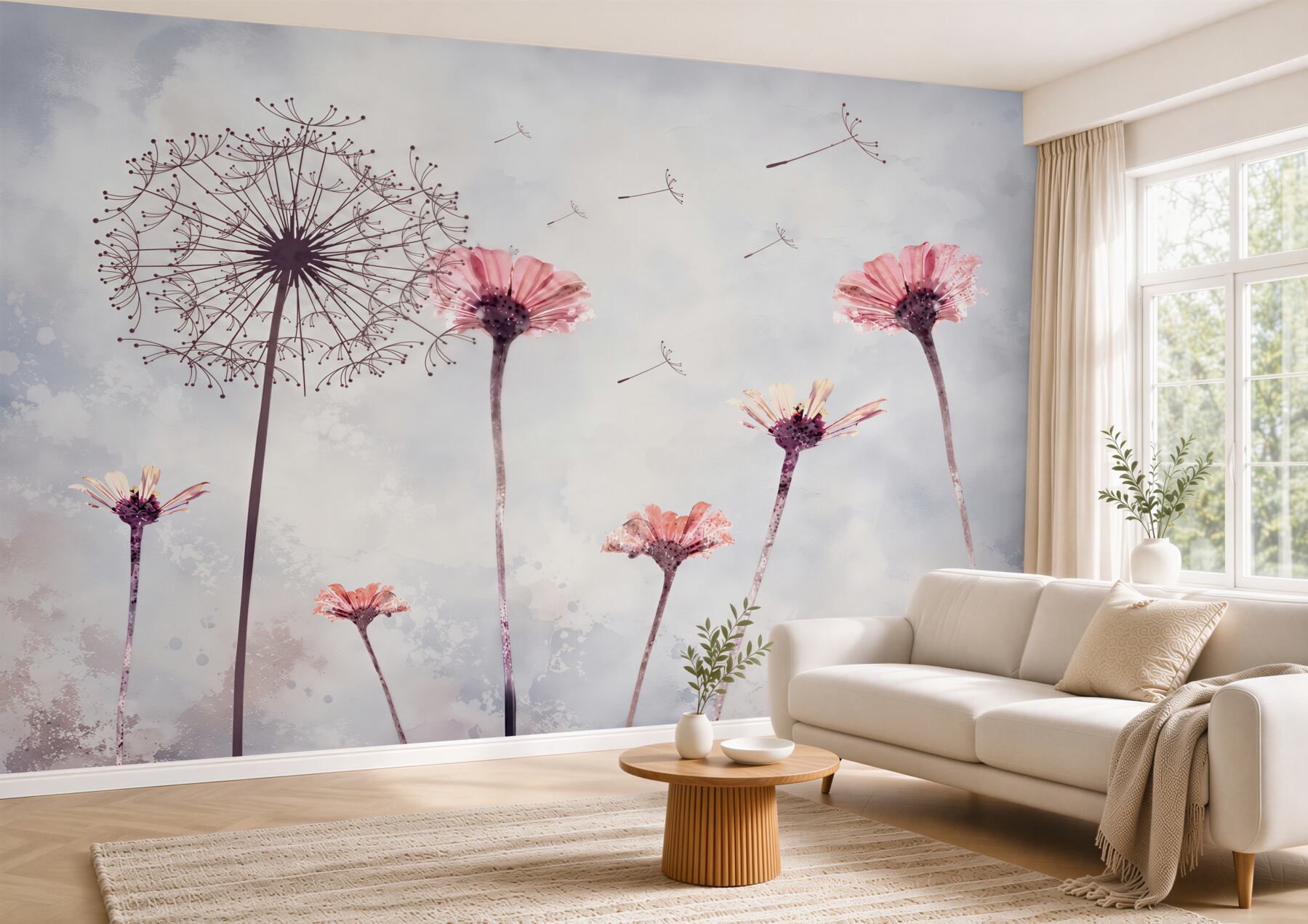 Papier peint gerberas et coquelicots sous un vent fort