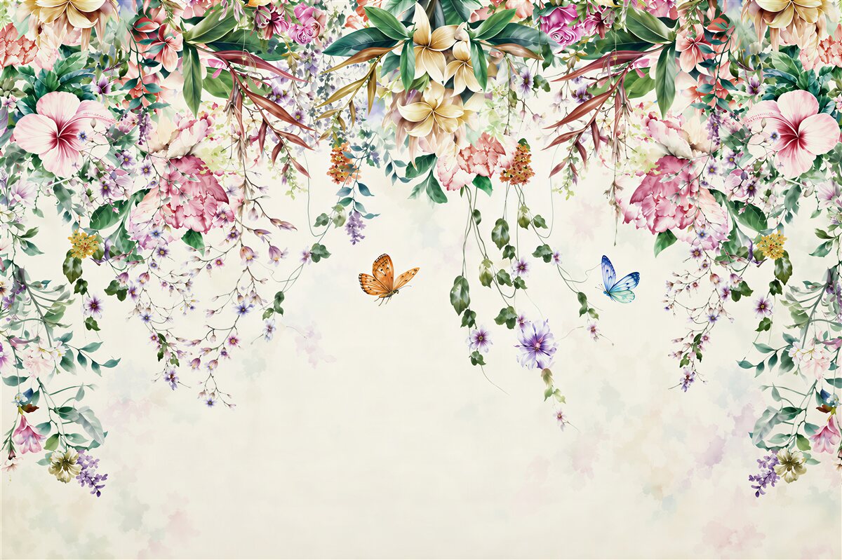 Papier peint jardin d'été avec des fleurs en fleurs vers le bas