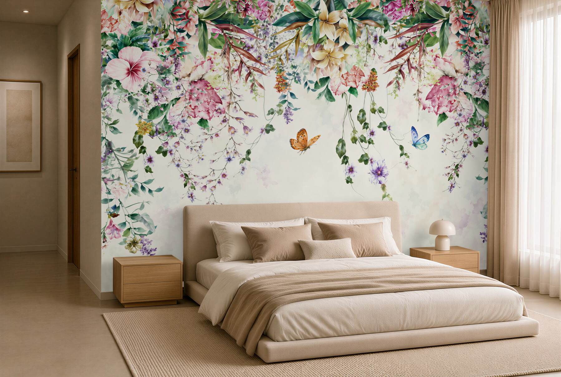 Papier peint jardin d'été avec des fleurs en fleurs vers le bas