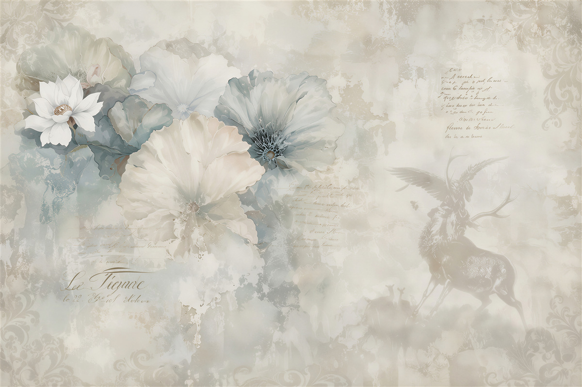 Papier peint aquarelle de cerf et fleurs bleues