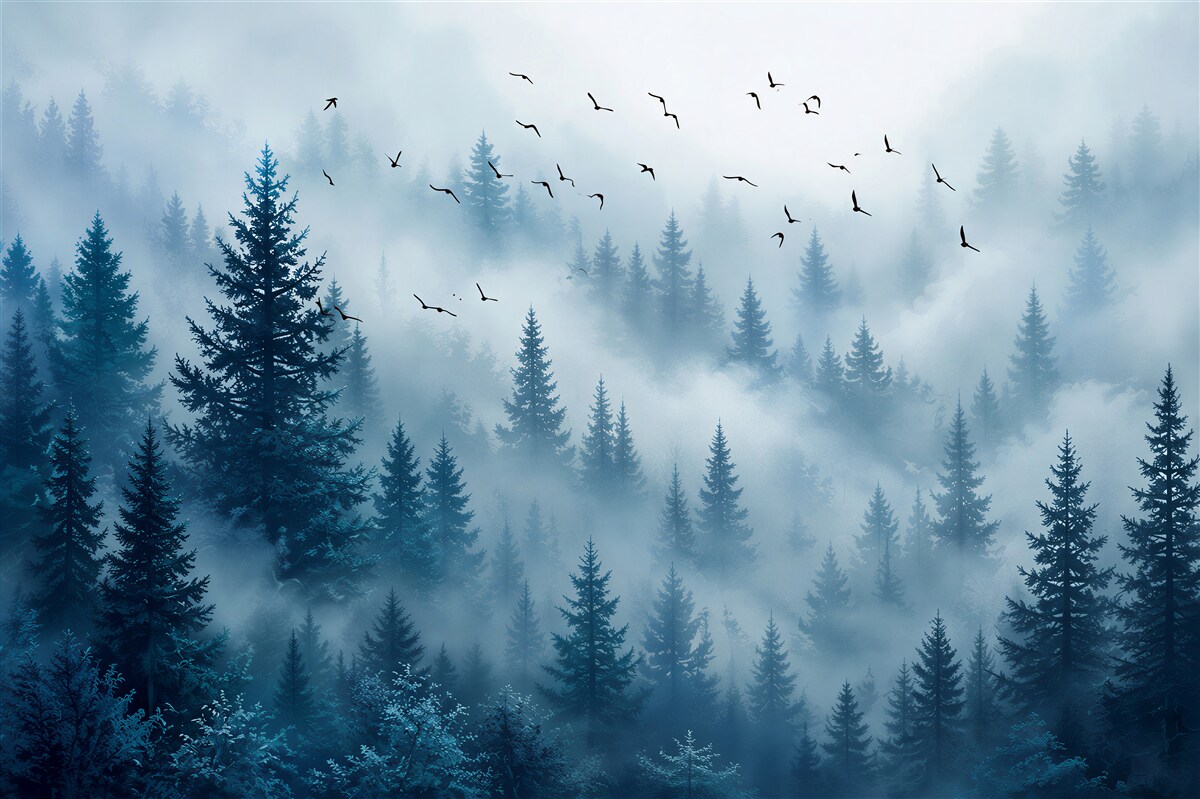Papier peint forêt dans le brouillard