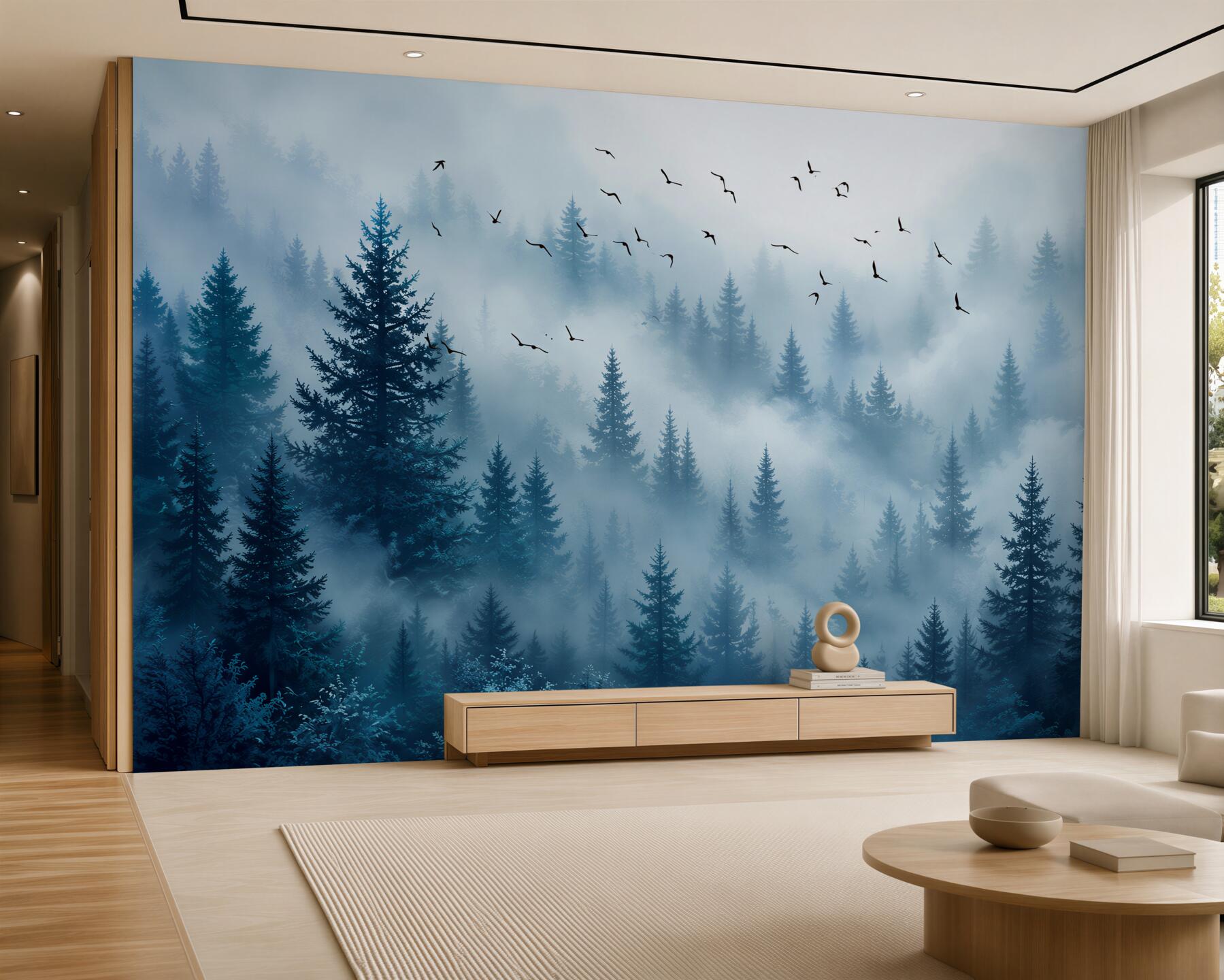 Papier peint forêt dans le brouillard