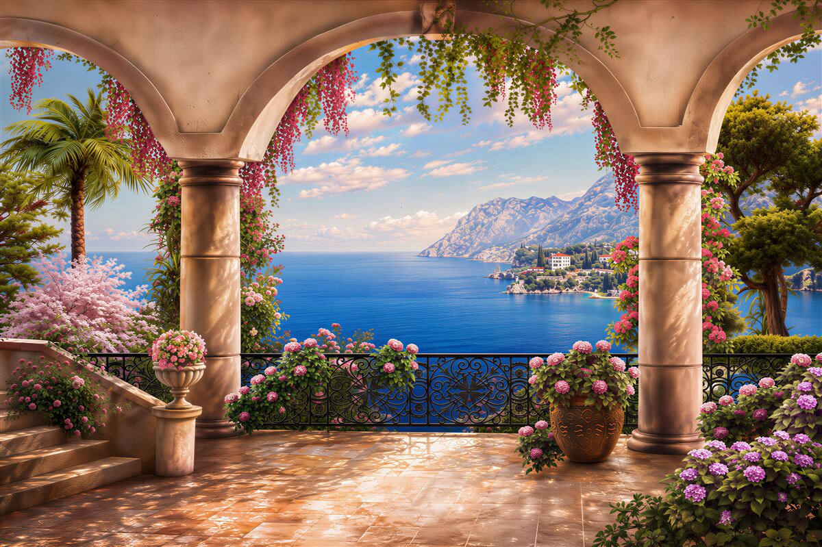 Papier peint balcon avec vue sur la mer