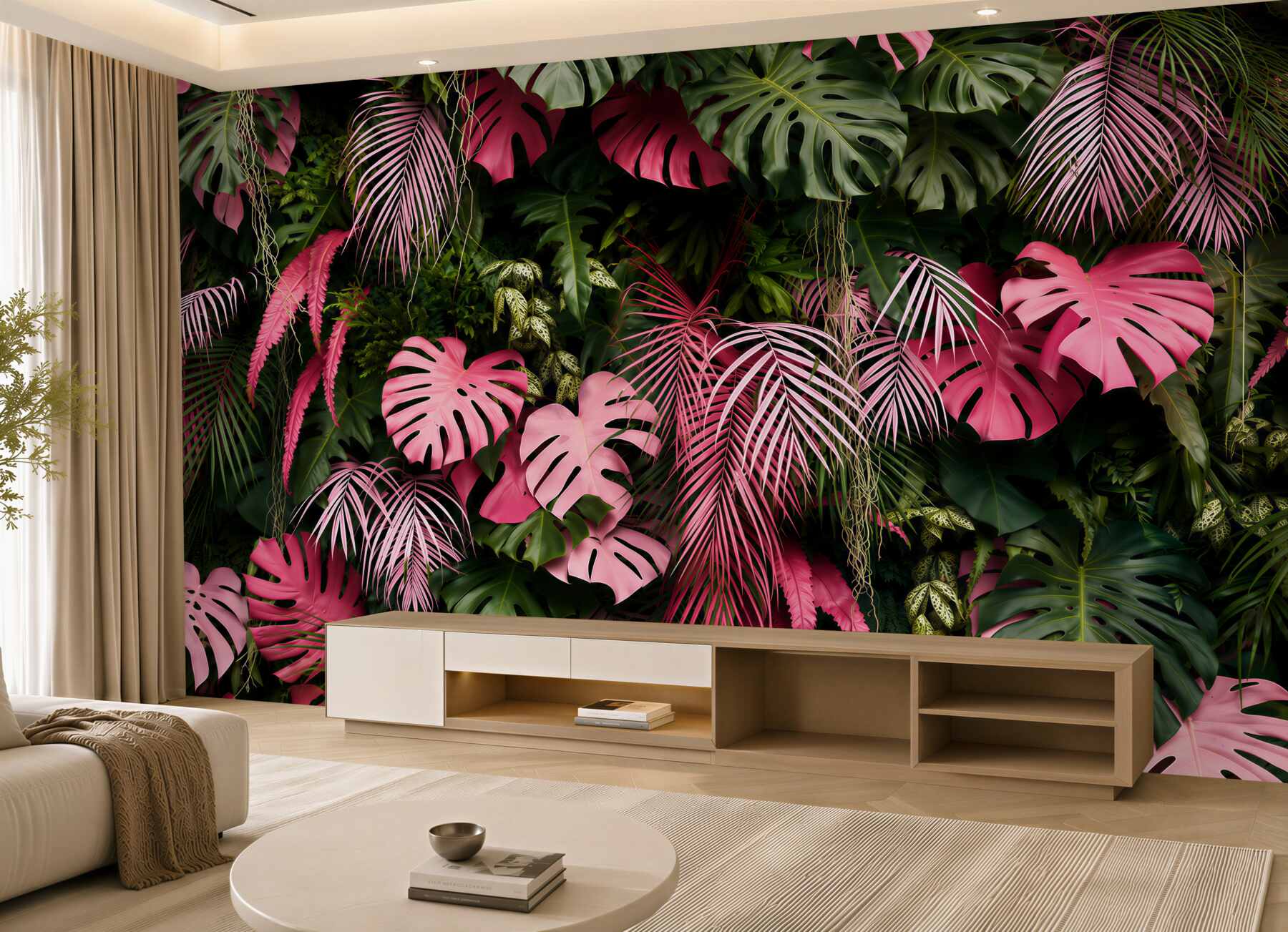 Papier peint feuillage de palmier rose