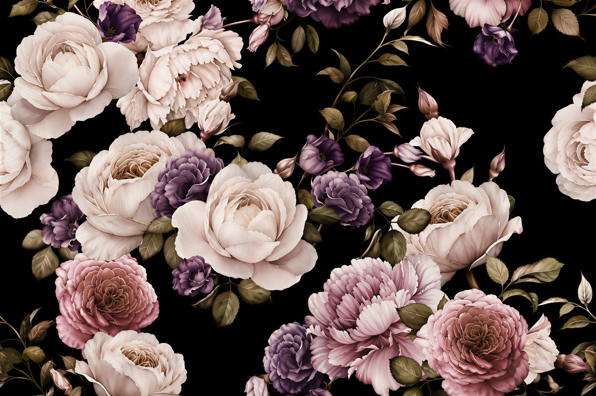 Papier peint pivoines sur fond sombre