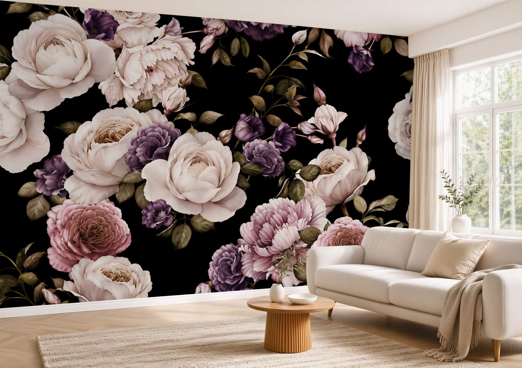 Papier peint pivoines sur fond sombre