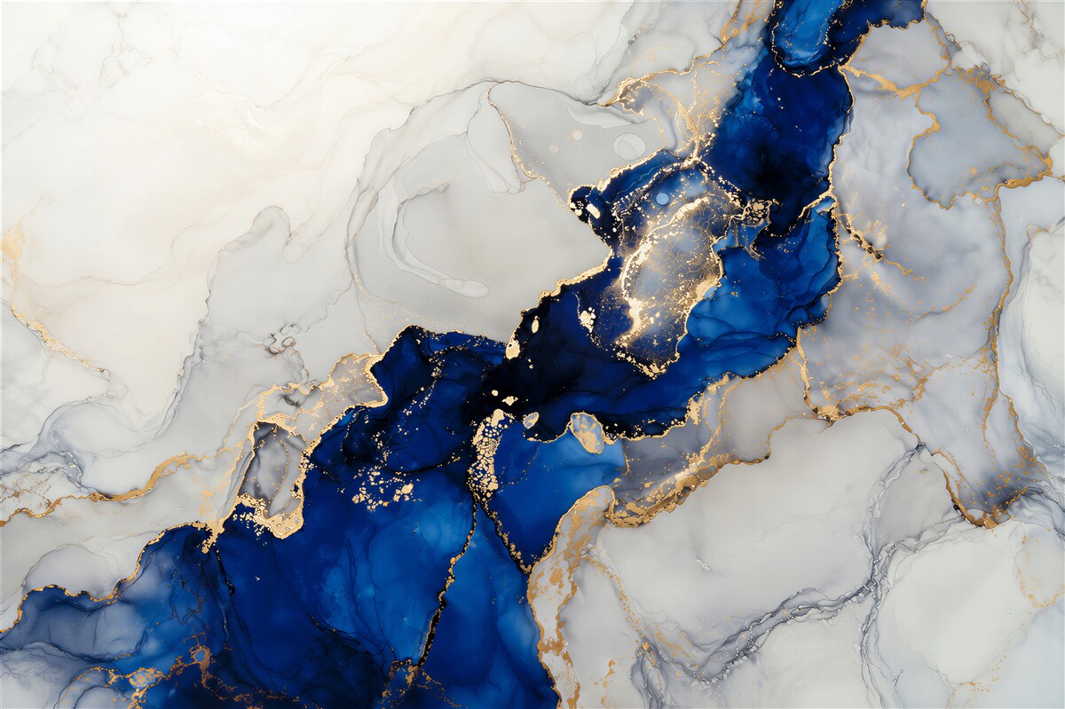 Papier peint taches bleues avec bordure dorée